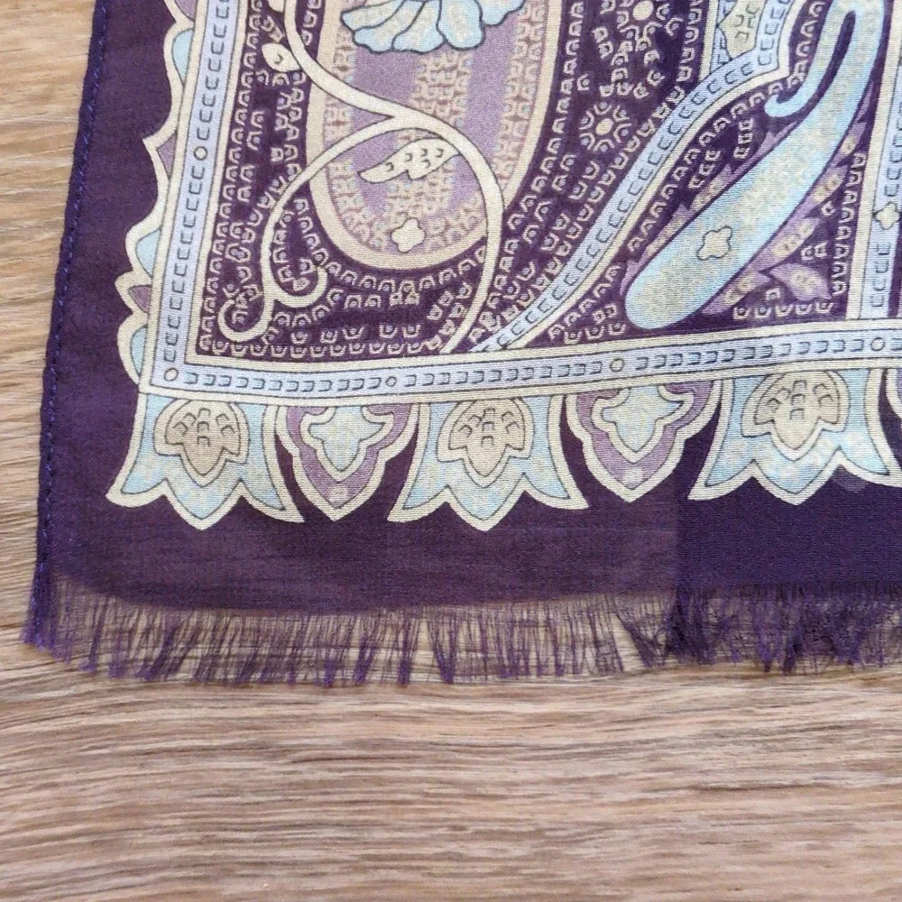 Talbots Paisley Sheer 100% Silk Oblong Scarf - Fringed‎ Edge Purple Blue Long
